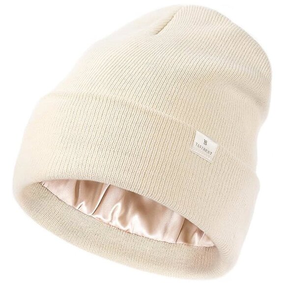 Accessories - Womens Saitn Lined Knit Beanie Hat Ad-Beige